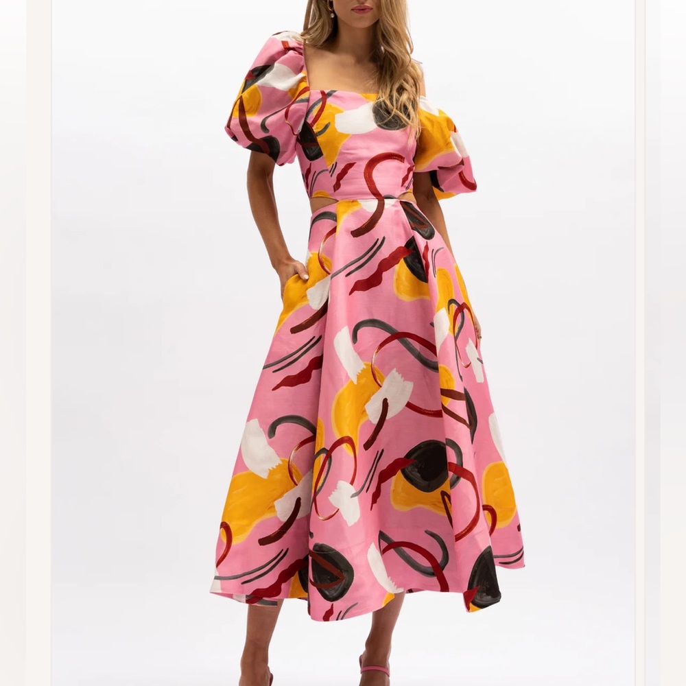 Anthropologie Aureta Studio Printed Puff-Sleeve Cutout Dress